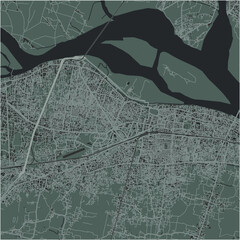 Map of Patna in India in a smooth dark style. Contains layered vector with roads water, parks, etc.
