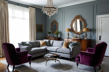 Vintage-inspired interior living room design with a chic gray sectional and plush velvet chairs.