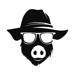 A black and white funny pig with glasses and a hip hop cap. Vector illustration.