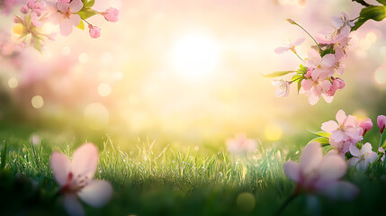 Obraz na płótnie Canvas Pink cherry tree blossom flowers blooming in a green grass meadow on a spring Easter sunrise background.