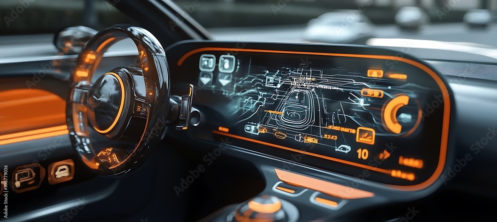 Poster a holographic car dashboard displaying navigation and speed data