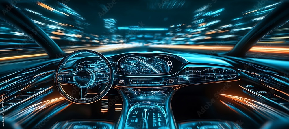 Poster a holographic car dashboard displaying navigation and speed data
