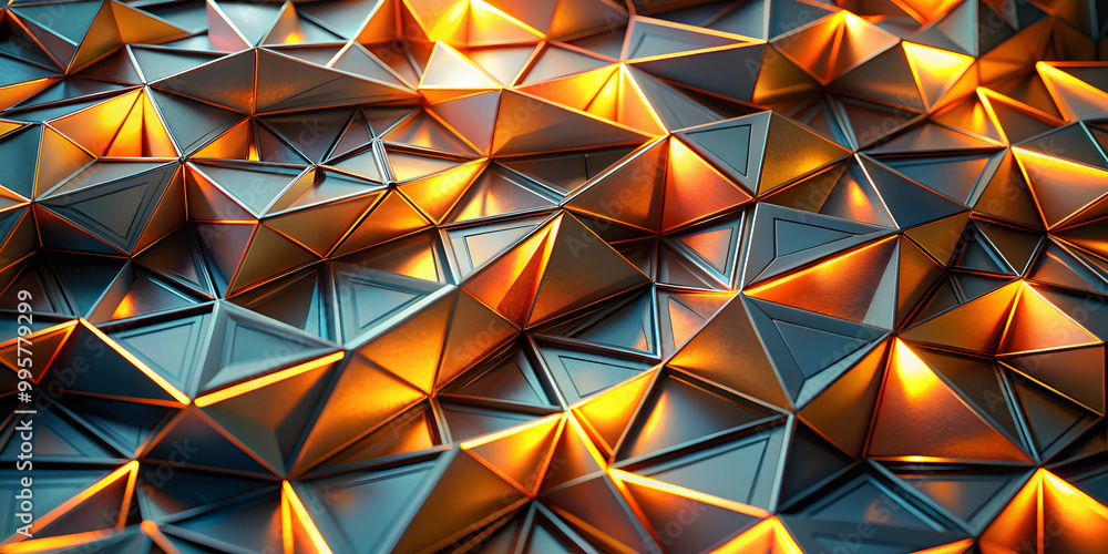 Poster fiery geometric abstract: intricate low-poly design with glowing orange and metallic gray triangles.