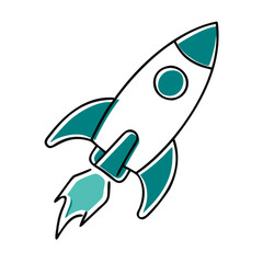 Rocket icon illustration, teal and white, startup and innovation concept