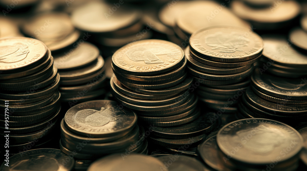 Poster stacks of coins create rich texture, showcasing value of currency in close up view. warm tones and i