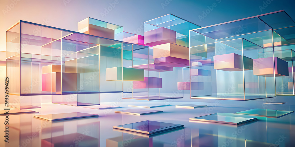 Poster chromatic cubes: abstract 3d render of colorful glass cubes in a dreamlike setting