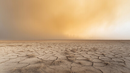 Fototapeta premium A vast, barren landscape characterized by cracked, parched earth stretching to the horizon. Above, a massive, rolling dust storm engulfs the horizon, casting a hazy, golden light over the scene.