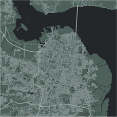 Map of Surabaya in Indonesia in a smooth dark style. Contains layered vector with roads water, parks, etc.