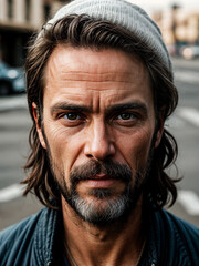 Fototapeta premium Poignant facial portrait of urban homeless individual, highlighting societal issues and human resilience.