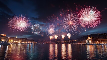 Fototapeta premium New Year's Eve Celebrations and Fireworks in Major Cities Around the World, Generative AI