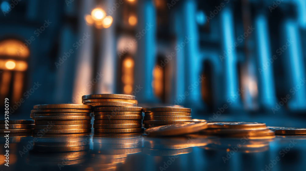 Poster stacks of coins are arranged in visually striking manner, reflecting light in captivating way. backg