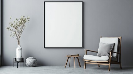 Minimalist interior featuring a chair, table, and empty wall for decoration.