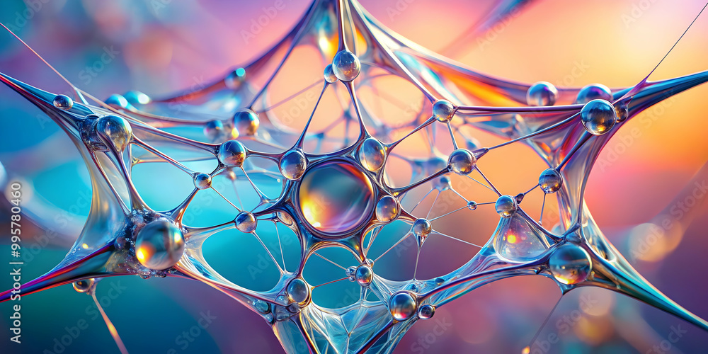 Poster abstract network: a vibrant, iridescent 3d rendering of a complex network structure, resembling a fu