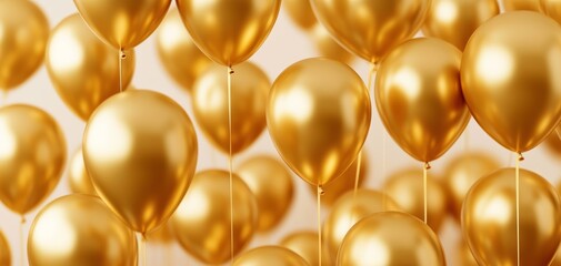Golden balloons floating in a room, symbolizing celebration and success, gold balloons, festive luxury