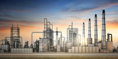 Industrial Skyline: A sprawling industrial complex silhouetted against a vibrant sunset, showcasing the scale and complexity of modern manufacturing. The image evokes a sense of power, progress.