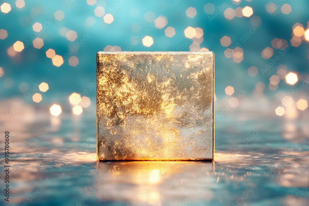 Poster a golden cube stands on a reflective surface, illuminated by soft bokeh lights in various shades of 