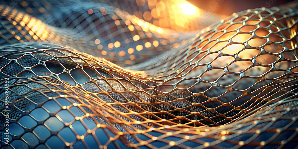 Poster abstract metallic mesh with golden glow: a captivating abstract image featuring a mesmerizing metall