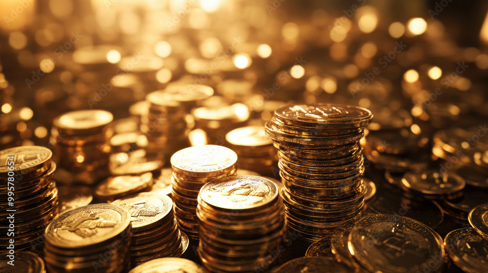 Poster golden coins stacked in shimmering display, reflecting light and symbolizing wealth and prosperity. 
