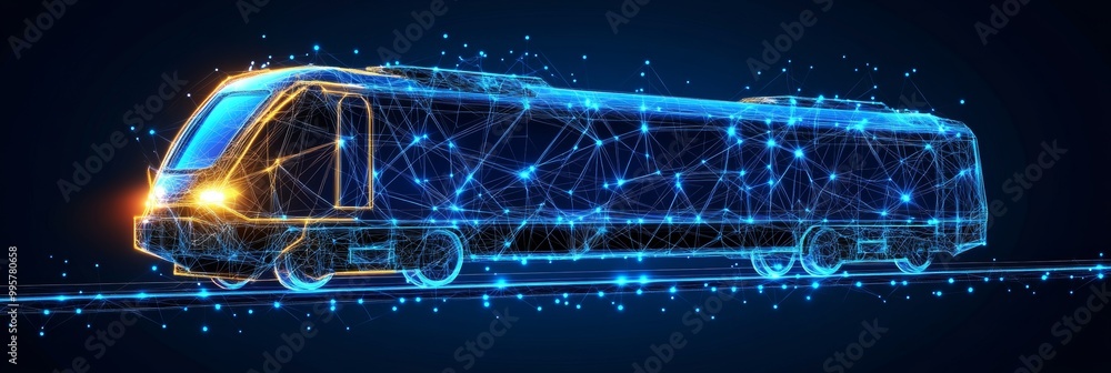 Poster modern high-speed passenger train. concept of connected lines and wireless communication.