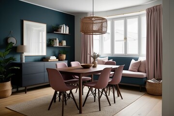 Dusty Rose Chairs and Walnut Dining Table in a Cozy Scandinavian Living Zone with Reading Nook