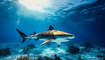Fototapeta premium diving with big tiger shark underwater in blue transparent ocean