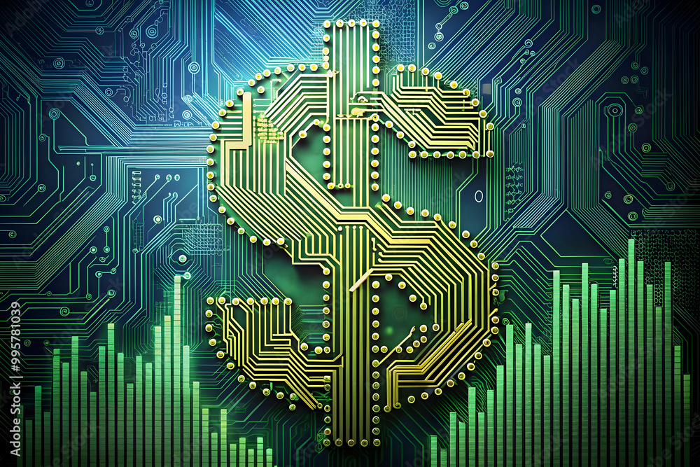 Aufkleber digital dollar: a golden dollar sign, formed from intricate circuit board patterns, rises above a ba