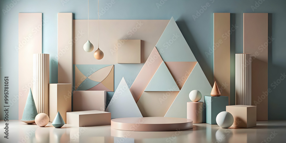 Poster Pastel Geometric Paradise: A serene 3D rendering of pastel-colored geometric shapes, creating a visually calming and aesthetically pleasing backdrop.
