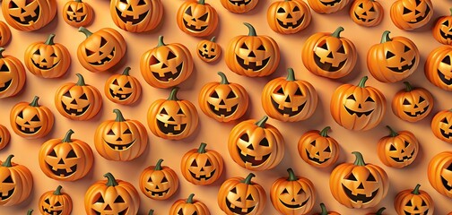Fototapeta premium Pumpkin Patch Party: A cheerful and festive Halloween backdrop with a playful pattern of jack-o'-lanterns in various sizes, perfect for invitations, social media, and seasonal decor.