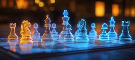 A holographic chess game with pieces floating above the board
