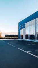 A modern warehouse with blue walls and a light gray roof, set against the backdrop of clear skies in an empty parking lot