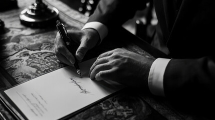 image captures person writing signature on formal document, showcasing moment of professionalism and attention to detail. black and white tone adds classic and timeless feel to scene