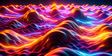 Obraz premium Neon Dreamscape: Abstract 3D render of vibrant, glowing hills creating a mesmerizing, otherworldly landscape. Perfect for futuristic, technology, and fantasy themes. 