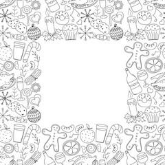 Seamless christmas frame. New year background. Doodle illustration with christmas and new year icons