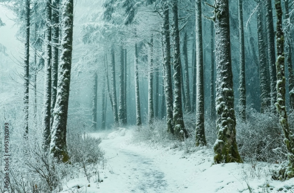 Poster a snowy forest path leading through tall trees, covered in fresh snow and a misty atmosphere.