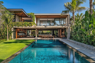 Fototapeta premium a villa with a swimming pool, taken at night. The architecture is modern, with brick and concrete walls, surrounded by palm trees and tropical plants.