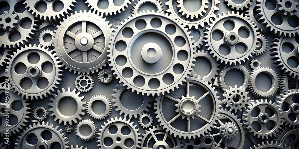 Poster intricate gears: a mesmerizing close-up of meticulously crafted metallic gears, interlocking in a co