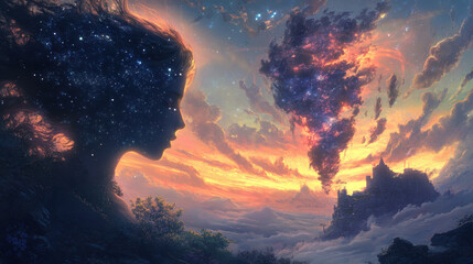 Fototapeta premium stunning cosmic landscape featuring silhouette of woman filled with stars against vibrant sunset. scene evokes sense of wonder and tranquility, blending nature and fantasy beautifully