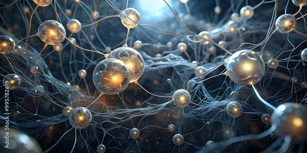 Poster interconnected network: abstract concept of a neural network, illuminated by glowing nodes, represen