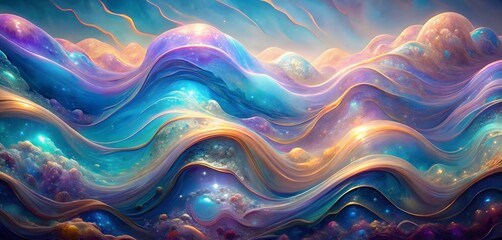 Obraz premium Cosmic Waves: Abstract art of flowing, iridescent waves, reminiscent of a galaxy with vibrant, swirling hues. A mesmerizing symphony of color and light. 