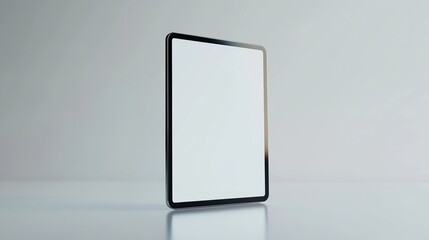 A blank tablet device displayed on a minimalist surface.