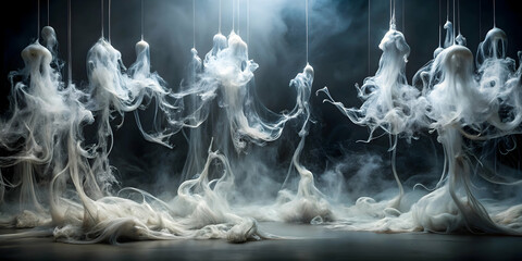 Ethereal Smoke Sculptures: A mesmerizing arrangement of otherworldly smoke sculptures suspended against a dark backdrop, creating an ethereal and enigmatic atmosphere. The swirling.