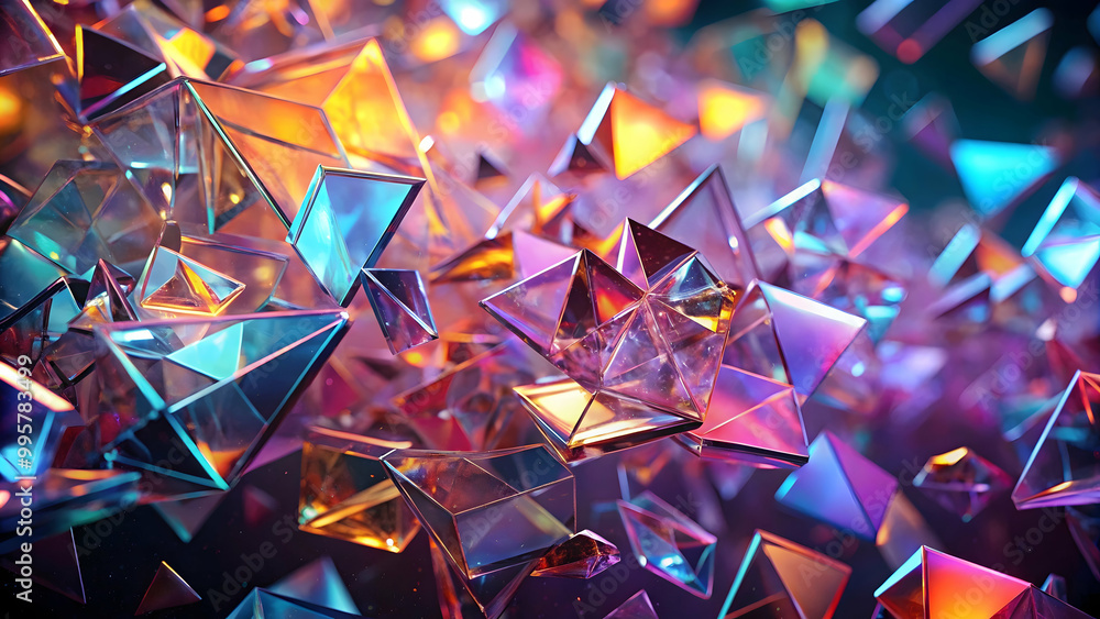 Poster prismatic triangles: abstract 3d render of vibrant, iridescent geometric shapes. a dazzling display 