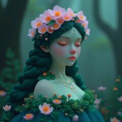 A fantasy illustration of a beautiful woman with long wavy hair, wearing a dress made of leaves and flowers, standing in an enchanted forest with soft green lighting.

