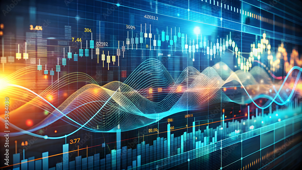 Poster global market dynamics: abstract visualization of dynamic financial data, featuring vibrant wave pat