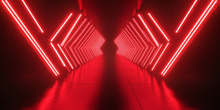 red glowing neon arrow background creates striking visual effect in this modern corridor. illuminated lines guide viewers eye, enhancing sense of depth and perspective