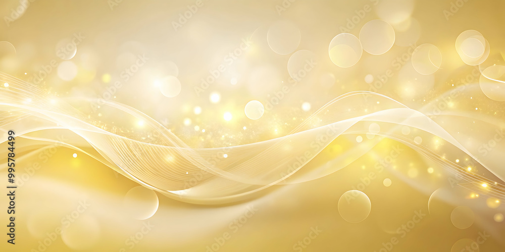 Poster golden waves of light: abstract background with shimmering, flowing golden waves and bokeh lights, p