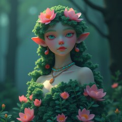 A fantasy illustration of a beautiful woman with long wavy hair, wearing a dress made of leaves and flowers, standing in an enchanted forest with soft green lighting.
