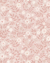 Blush Pink Floral Pattern: Delicate blush pink floral pattern with white flowers and dusty rose leaves. Perfect for feminine designs and romantic projects. Seamless repeat for fabric, wallpaper.