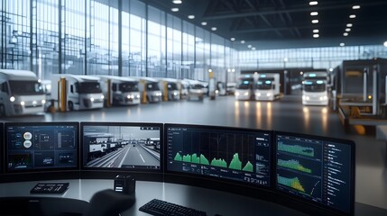 Electric car fleet management – Inside a high-tech control room overlooking a logistics center, where multiple screens display live data on a fleet of electric cars. The dashboard shows real-time upda