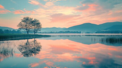 Fototapeta premium Serene lake at sunrise with reflections of trees and mountains in tranquil waters.